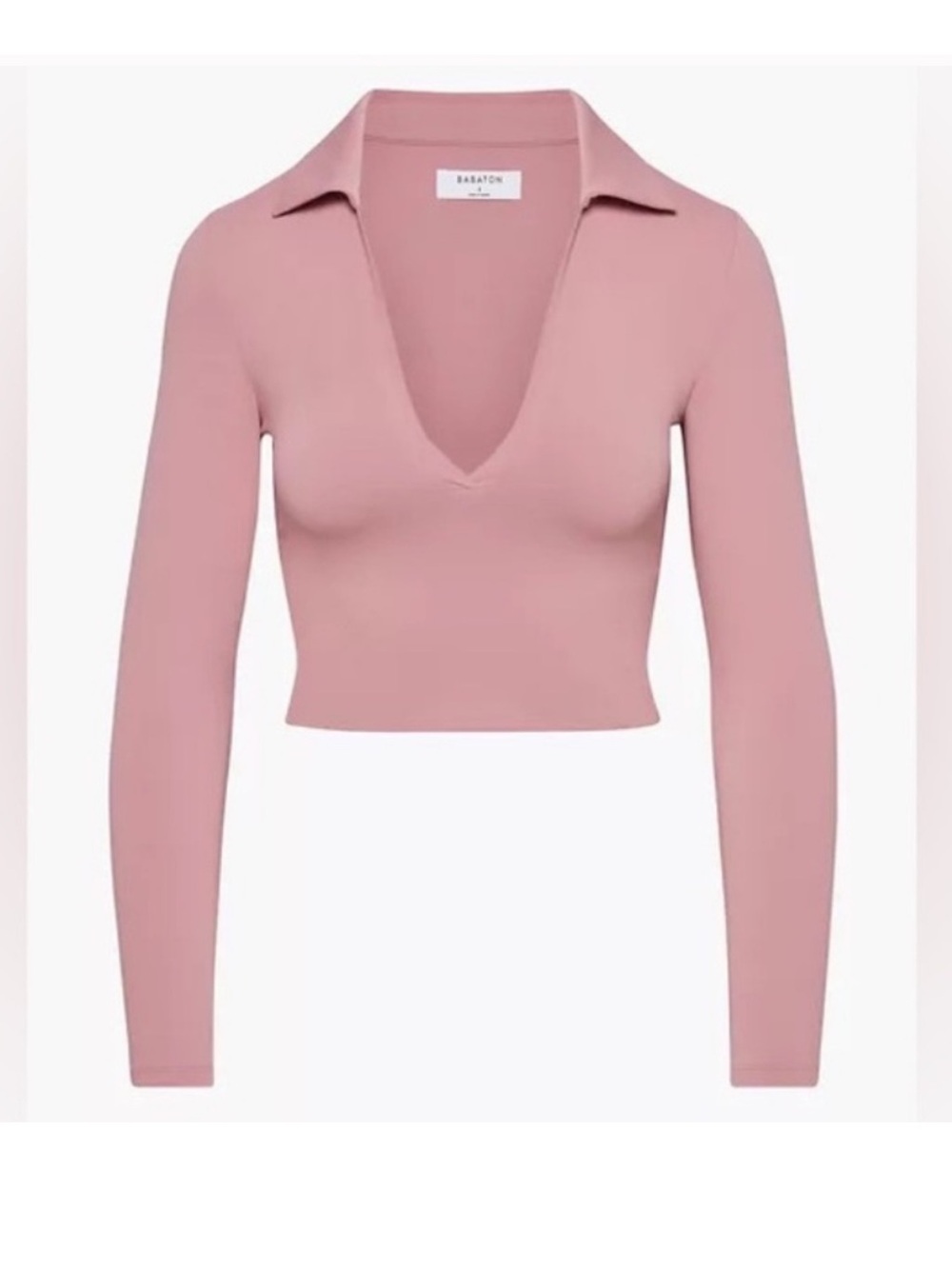 Aritzia Babaton Polo Contour Long Sleeve Mauve Rose Pink Color V Neck Top  S